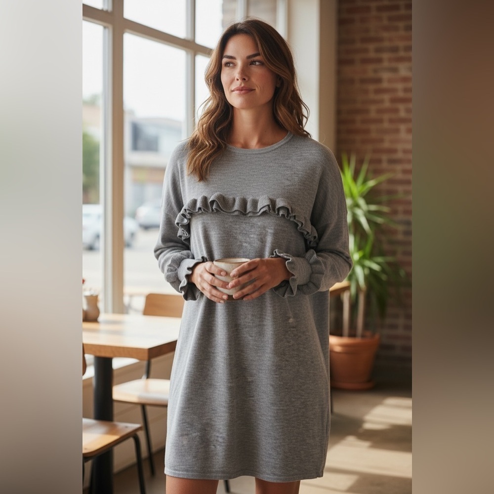 Elegant Long Sleeve Gray Dress with Ruffle Details